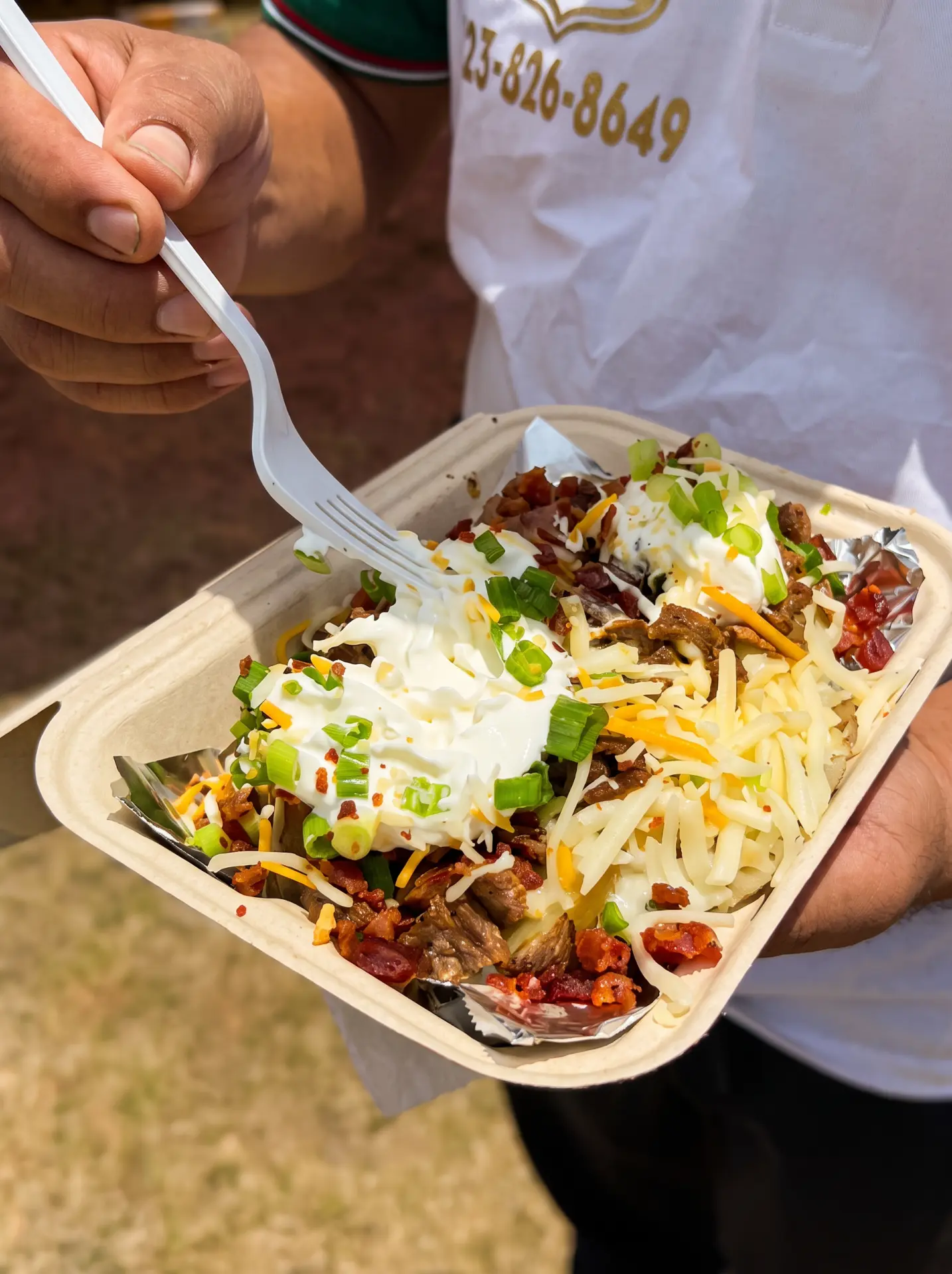 Loaded baked potato with steak, cheese, bacon, sour cream and green onion